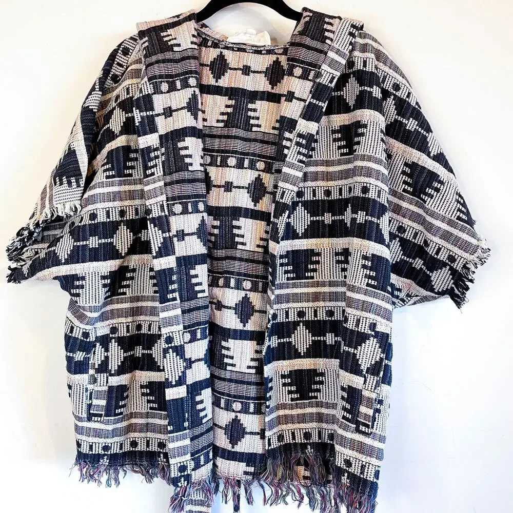 BB Dakota Black & White Print Knit Cozy Hooded Jacket w/‎ Belt Boho Women's S